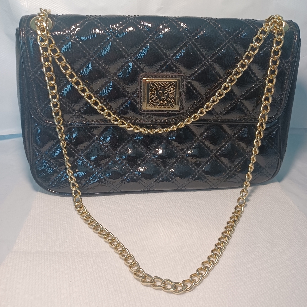 Anne Klein Black Quilted Shoulder Bag or Crossbody With Gold Chain Strap & Logo